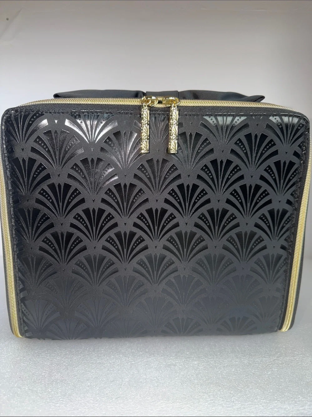 ESTEE LAUDER Art Deco Bow Travel Cosmetic Case Makeup Train Case Black Gold